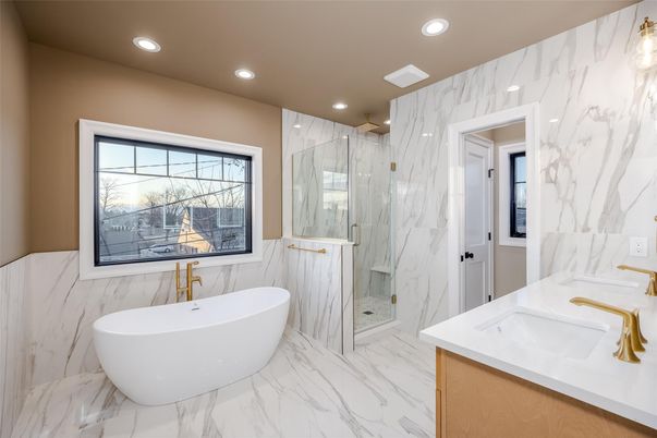 Bathroom, Dual Sink Vanities, Free Standing Baths, Glass Shower, Interior, Marble, Marble Walls, Recessed Lighting