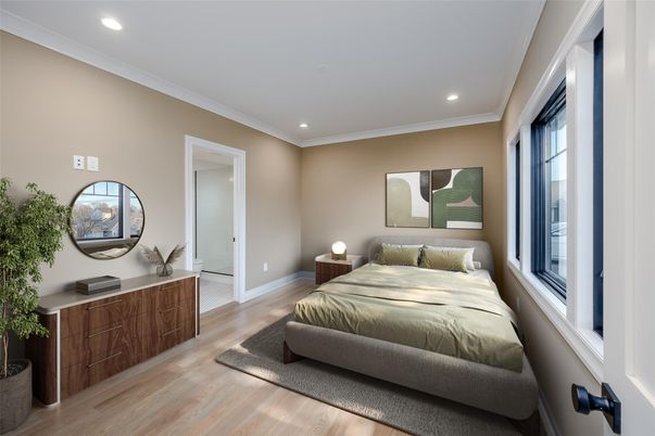 Bedroom, Interior, Recessed Lighting, Wood Texture Flooring
