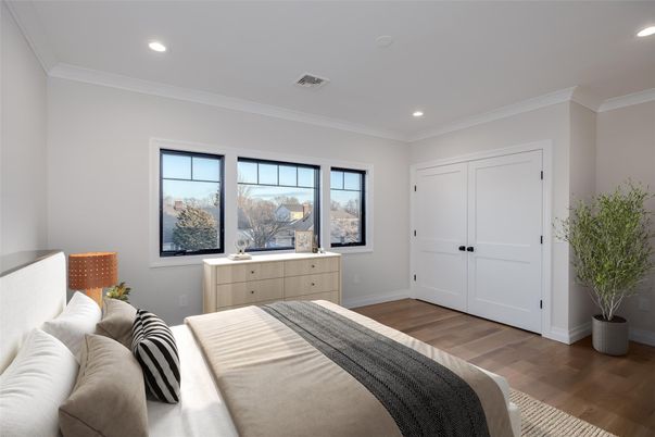 Bedroom, Interior, Recessed Lighting, Wood Texture Flooring