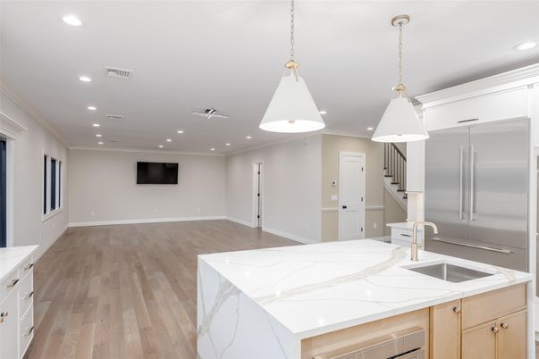 Interior, Kitchen, Pendant Lights, Recessed Lighting, Stainless Steel Appliances, Wood Texture Flooring