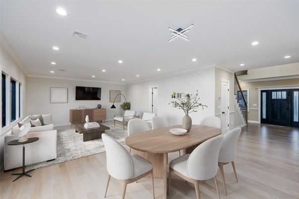 Dining room, Interior, Living room, Recessed Lighting, Wood Texture Flooring