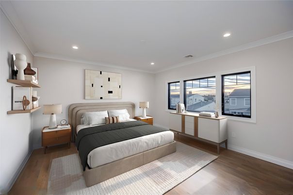Bedroom, Interior, Recessed Lighting, Wood Texture Flooring