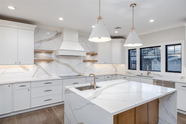 Interior, Kitchen, Marble Walls, Pendant Lights, Recessed Lighting, Wood Texture Flooring