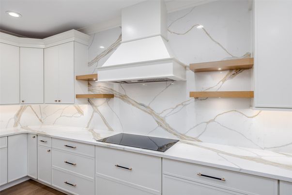Interior, Kitchen, Marble Walls, Recessed Lighting, Wood Texture Flooring