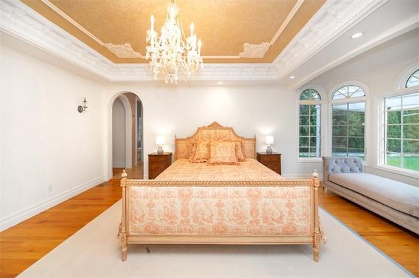 Bedroom, Chandelier, Interior, Recessed Lighting, Wood Texture Flooring