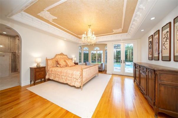Bedroom, Chandelier, Interior, Recessed Lighting, Wood Texture Flooring