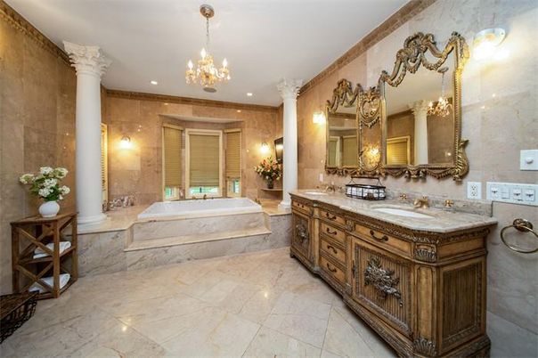 Bathroom, Chandelier, Dual Sink Vanities, Interior, Recessed Lighting