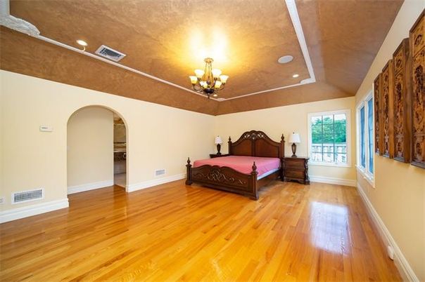 Bedroom, Chandelier, Interior, Recessed Lighting, Wood Texture Flooring