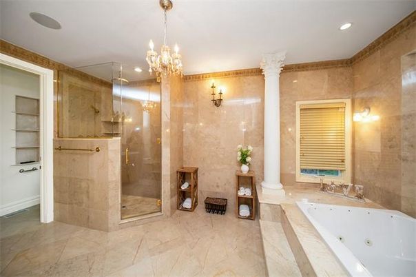 Bathroom, Chandelier, Glass Shower, Interior, Marble, Recessed Lighting