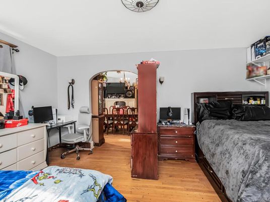 Bedroom, Chandelier, Home Office, Interior, Wood Texture Flooring