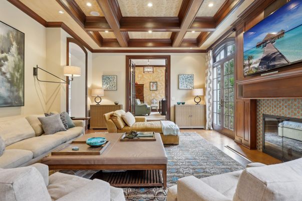 Fireplace, Interior, Living room, Recessed Lighting, Wooden Beams, Wood Texture Flooring
