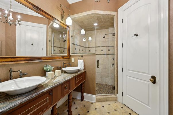 Bathroom, Dual Sink Vanities, Glass Shower, Interior, Pendant Lights