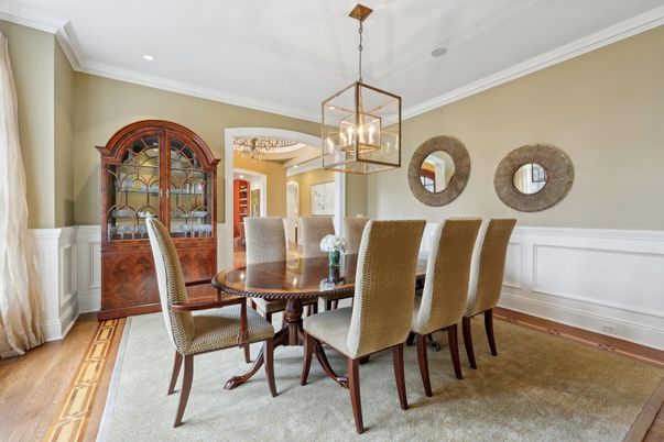 Dining room, Interior, Pendant Lights, Recessed Lighting, Wood Texture Flooring