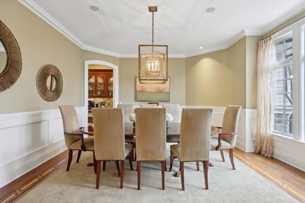 Dining room, Interior, Pendant Lights, Recessed Lighting, Wood Texture Flooring