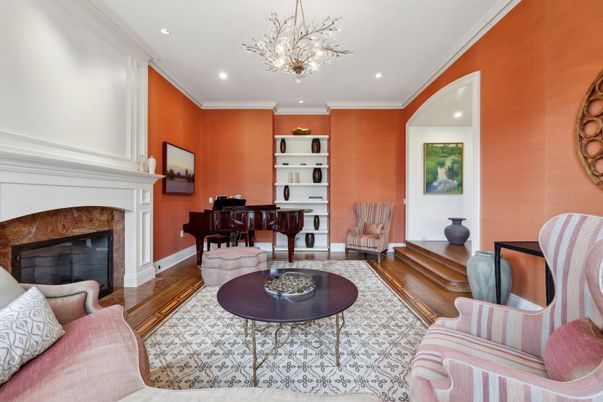Fireplace, Home Office, Interior, Living room, Piano, Recessed Lighting, Wood Texture Flooring