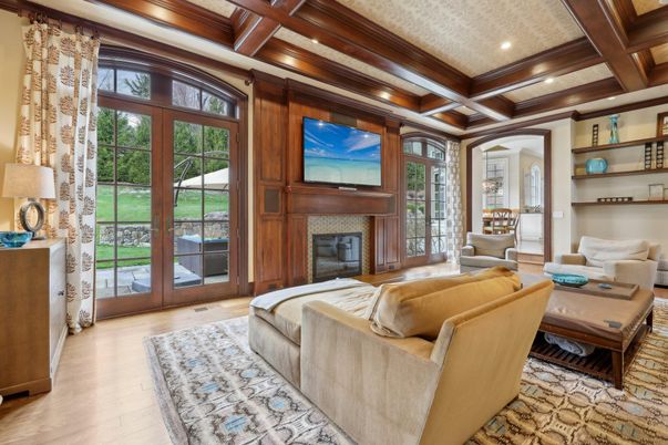 Fireplace, Interior, Living room, Recessed Lighting, Wooden Beams, Wood Texture Flooring