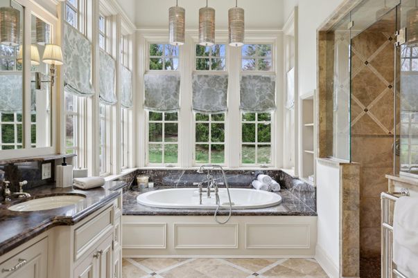 Bathroom, Glass Shower, Interior, Pendant Lights