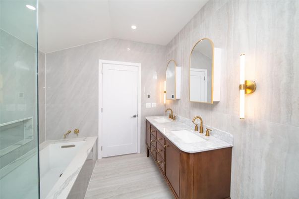 Bathroom, Dual Sink Vanities, Interior, Marble, Recessed Lighting