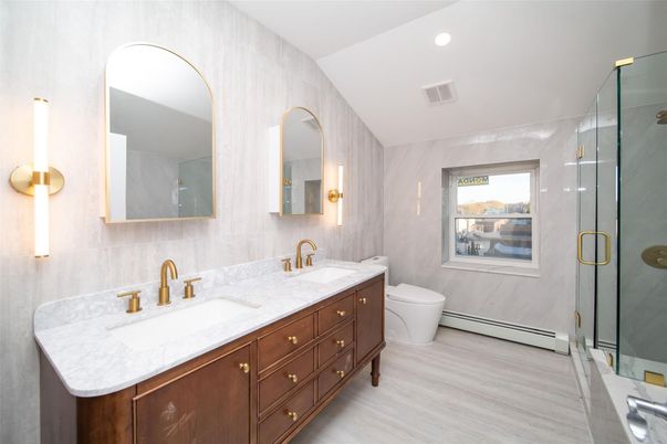 Bathroom, Dual Sink Vanities, Glass Shower, Interior, Recessed Lighting