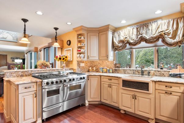 Interior, Kitchen, Pendant Lights, Recessed Lighting, Stainless Steel Appliances, Wood Texture Flooring