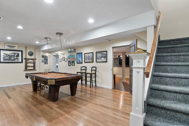 Billiard Table, Game Room, Interior, Pendant Lights, Recessed Lighting, Wood Texture Flooring