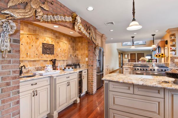 Interior, Kitchen, Pendant Lights, Recessed Lighting, Stainless Steel Appliances, Stone Walls, Wood Texture Flooring