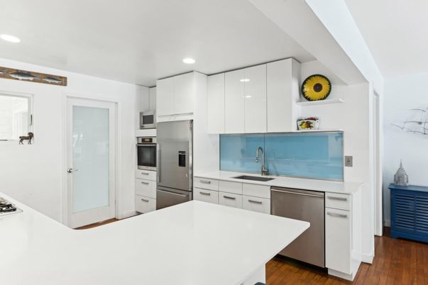 Interior, Kitchen, Recessed Lighting, Stainless Steel Appliances, Wood Texture Flooring