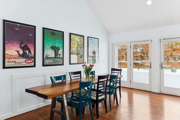 Dining room, Interior, Recessed Lighting, Wood Texture Flooring
