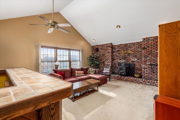 Fireplace, Interior, Living room, Recessed Lighting, Stone Walls