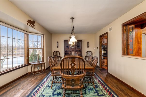 Dining room, Interior, Pendant Lights, Wood Texture Flooring