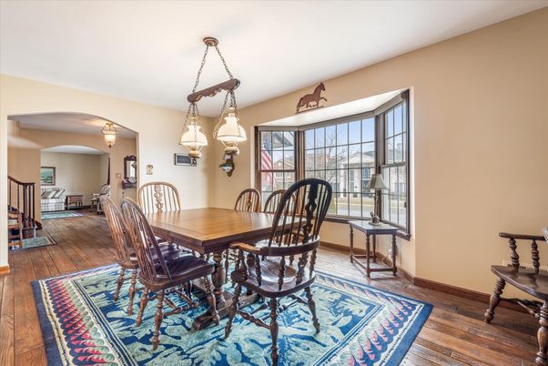 Dining room, Interior, Pendant Lights, Wood Texture Flooring