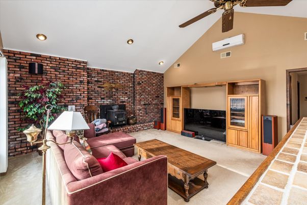 Fireplace, Interior, Living room, Recessed Lighting, Stone Walls