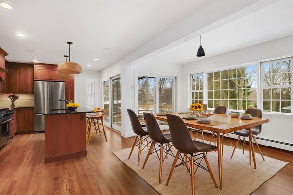 Dining room, Interior, Kitchen, Pendant Lights, Recessed Lighting, Stainless Steel Appliances, Wood Texture Flooring