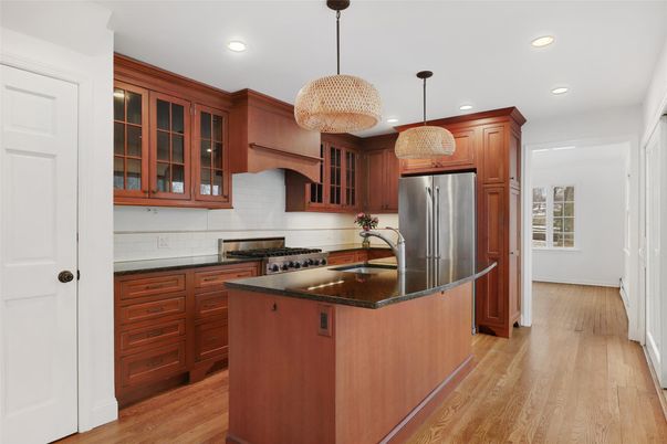 Interior, Kitchen, Pendant Lights, Recessed Lighting, Stainless Steel Appliances, Wood Texture Flooring