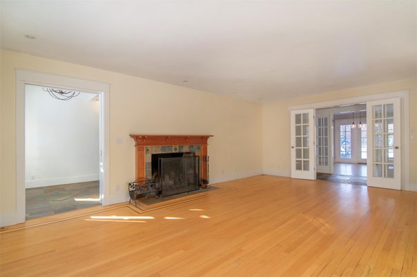 Empty room, Fireplace, Interior, Pendant Lights, Wood Texture Flooring