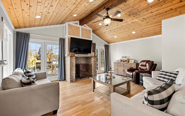 Fireplace, Interior, Living room, Recessed Lighting, Wooden Ceilings, Wood Texture Flooring