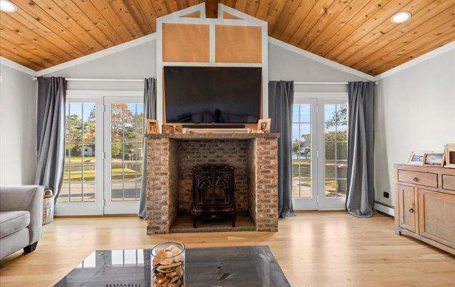 Fireplace, Interior, Recessed Lighting, Wooden Ceilings, Wood Texture Flooring
