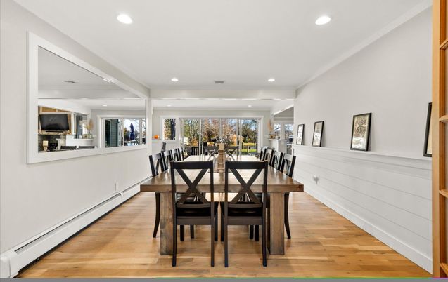 Dining room, Interior, Recessed Lighting, Wood Texture Flooring