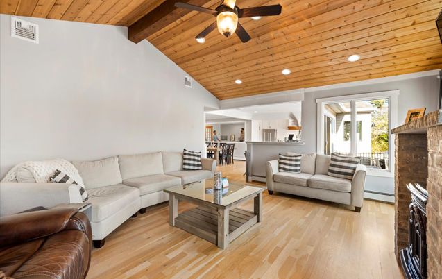 Fireplace, Interior, Kitchen, Living room, Recessed Lighting, Wooden Beams, Wooden Ceilings, Wood Texture Flooring