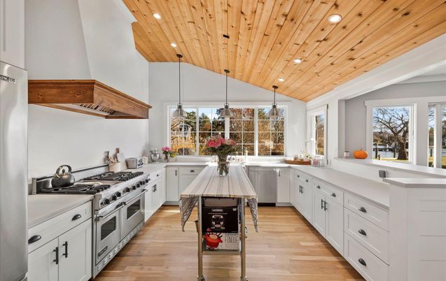 Interior, Kitchen, Pendant Lights, Recessed Lighting, Stainless Steel Appliances, Wooden Ceilings, Wood Texture Flooring