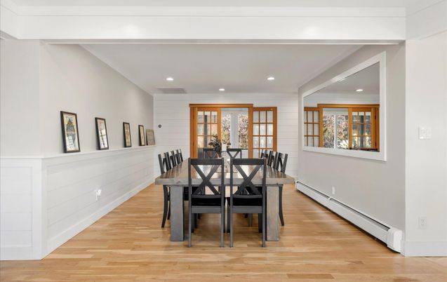 Dining room, Interior, Recessed Lighting, Wood Texture Flooring