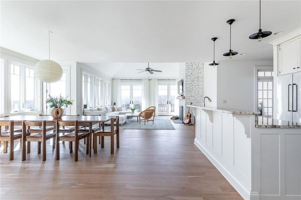 Dining room, Interior, Living room, Pendant Lights, Wood Texture Flooring