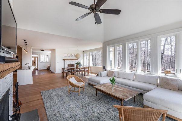 Dining room, Fireplace, Interior, Living room, Pendant Lights, Wood Texture Flooring