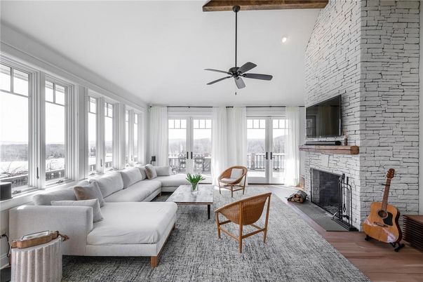Fireplace, Interior, Living room, Recessed Lighting, Stone Walls, Wooden Beams, Wood Texture Flooring