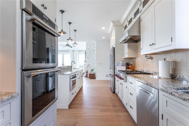 Interior, Kitchen, Pendant Lights, Recessed Lighting, Stainless Steel Appliances, Wood Texture Flooring