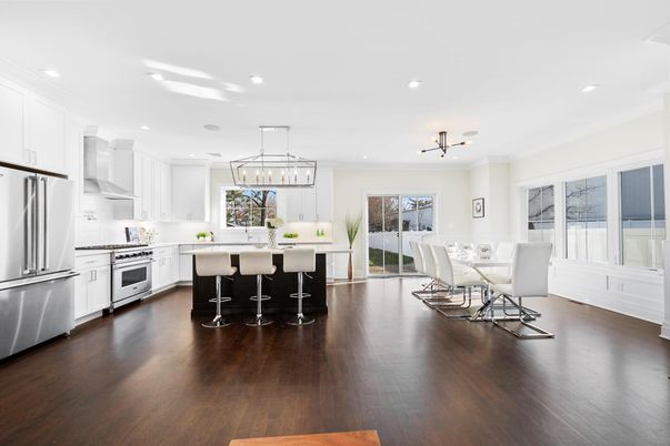 Dining room, Interior, Kitchen, Pendant Lights, Recessed Lighting, Stainless Steel Appliances, Wood Texture Flooring