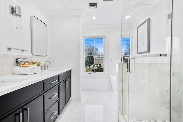 Bathroom, Dual Sink Vanities, Free Standing Baths, Glass Shower, Interior, Marble, Marble Walls, Recessed Lighting