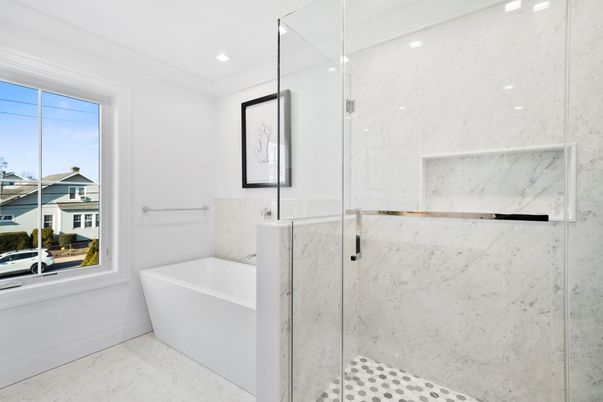 Bathroom, Free Standing Baths, Glass Shower, Interior, Marble, Marble Walls, Recessed Lighting
