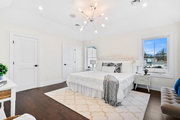 Bedroom, Interior, Pendant Lights, Recessed Lighting, Wood Texture Flooring