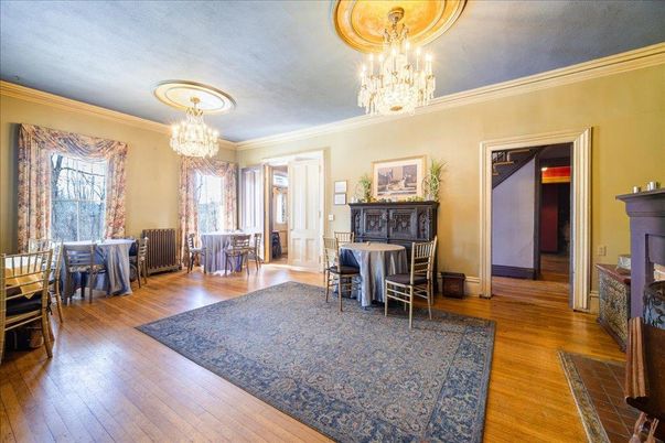 Chandelier, Dining room, Fireplace, Interior, Wood Texture Flooring